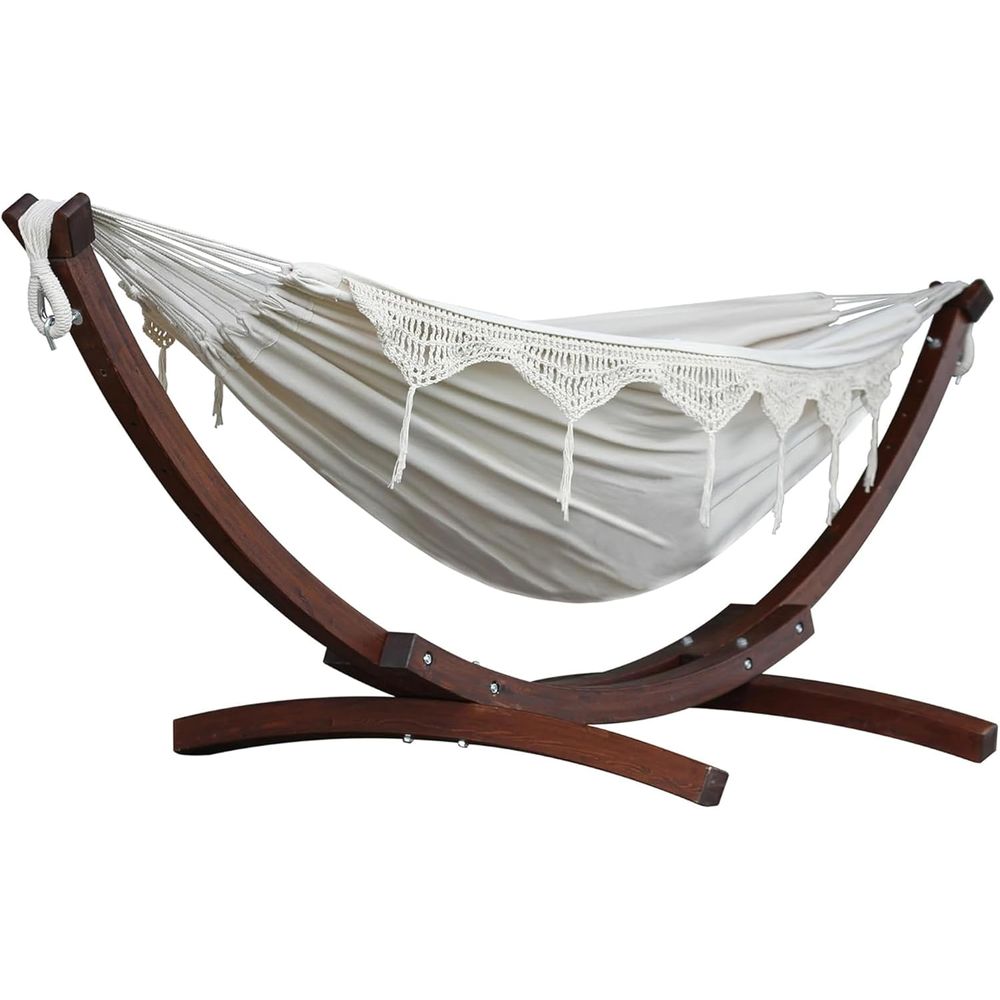 Hammock With Stand - Doppelte Baumwoll-Hängematte mit massivem Kiefernholz-Bogenständer –